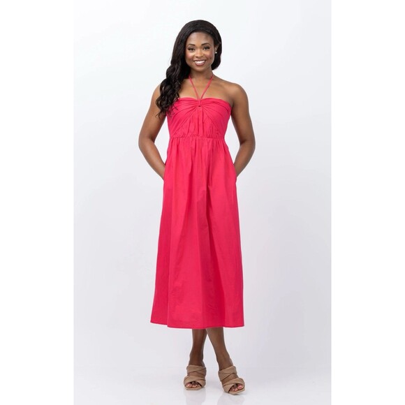 Xirena Size Small Adilyn Halter Midi Dress Pink Crisp Cotton Pockets - Picture 1 of 13